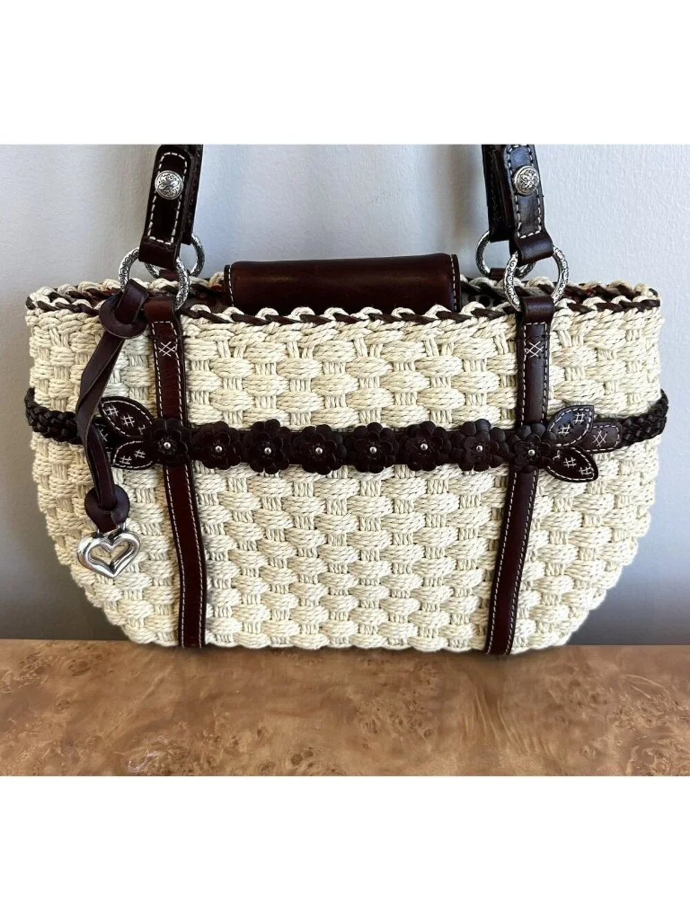 Brighton Peggy Straw Leather Tote Woven Basket Floral Trim Charm Bag - Picture 4 of 10